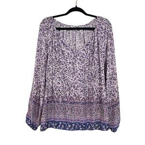 Lucky Brand Purple Boho Floral Peasant Blouse Long Sleeve Size Large